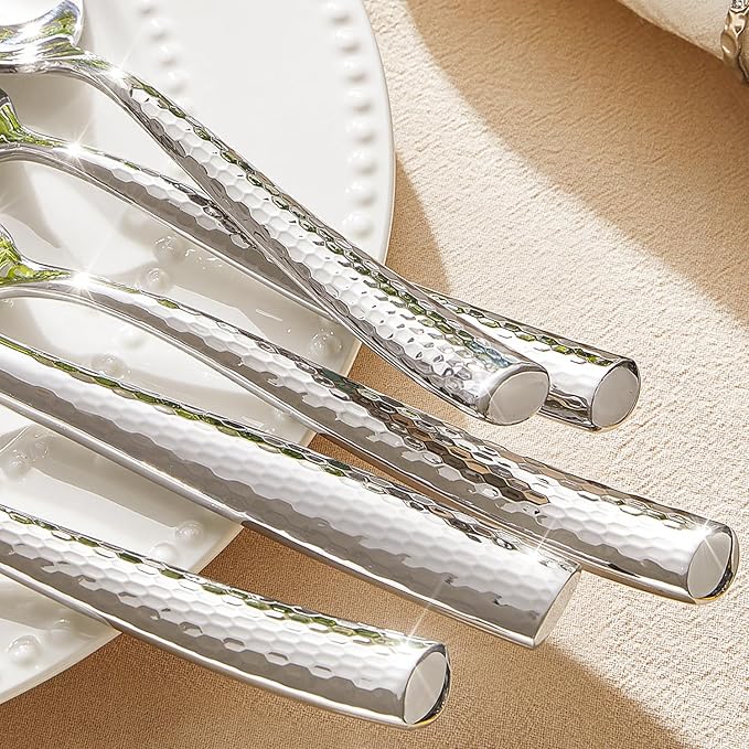 Kingstone Hammered Silverware Set, 5-Piece Flatware Set for 1, 18/10 Stainless Steel Heavy Duty Cutlery Set, Mirror Polished Utensil Sets for Home, Restaurant, wedding, Dishwasher Safe