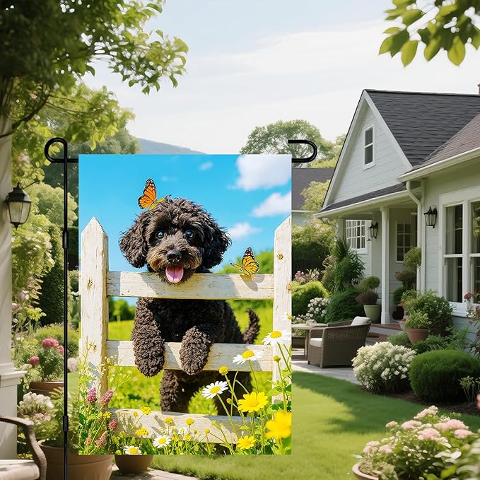IVN Spring Garden Flag 12x18 Inch Double Sided Curly Brown Dog and Butterfly Scene Outdoor Yard Flag for Outside Front Door Lawn Porch Patio Welcome Decor