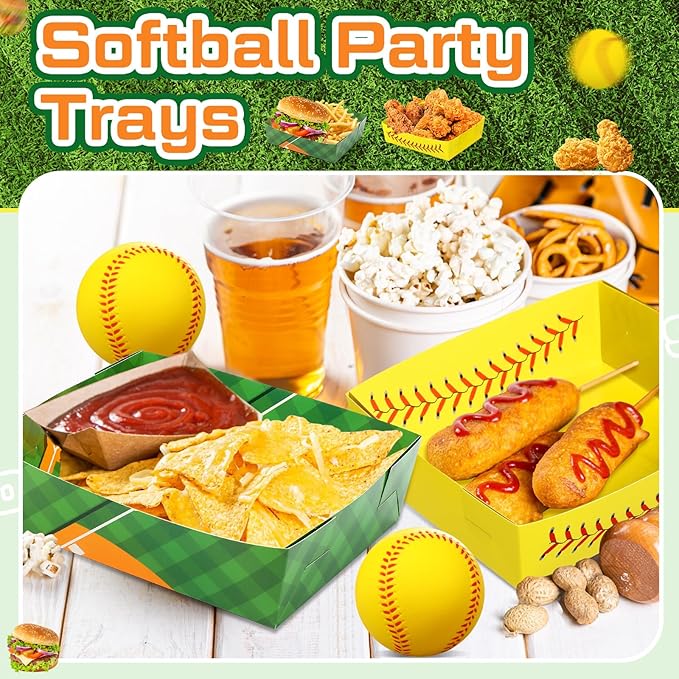 Teling 36 Pcs Baseball Theme Party Supplies Large 5 lb Baseball Plates Trays Food Boat Paper Softball Disposable Nacho Snack Serving Tray Dinner Plate for Softball Birthday Decorations Favor(Yellow)