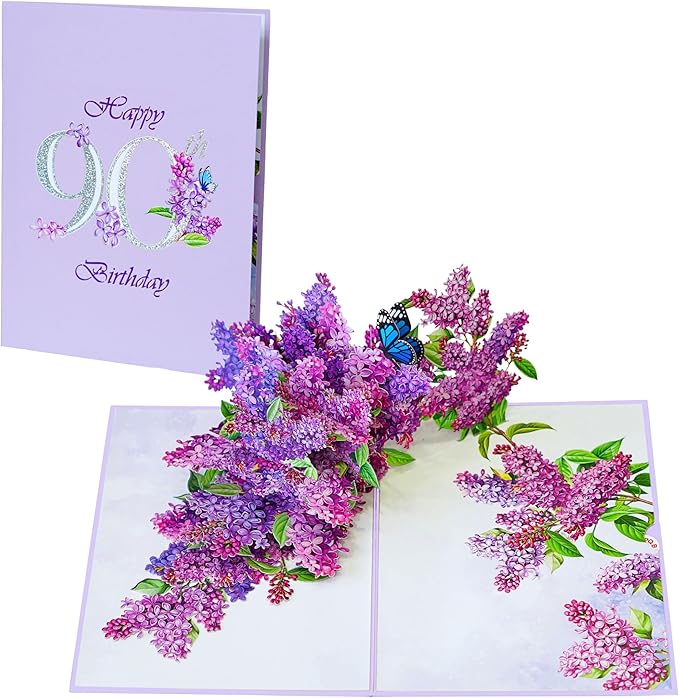 Lilac Happy 90th Birthday Cards, 3D Birthday Cards for Women, 6x8in Ideal Pop Up Gifts for Mom, Wife, Him, Her, Daughter, Sister, Grandma (PQ Lilac 90th)