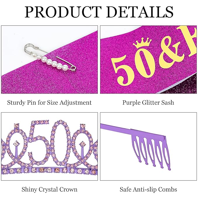 Casoty 50th Birthday Sash and Tiara, 50th Birthday Party Decorations Supplies for Women, Crown and Sash Set, Gifts for Her