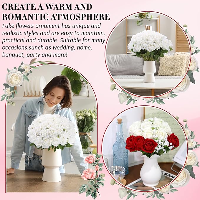 Roses Artificial Flowers, Fake Velvet Silk Roses in Bulk for Home Decor Indoor, Fake Roses Realistic Flowers with Stems for Wedding Centerpiece Party Decor (24, White)