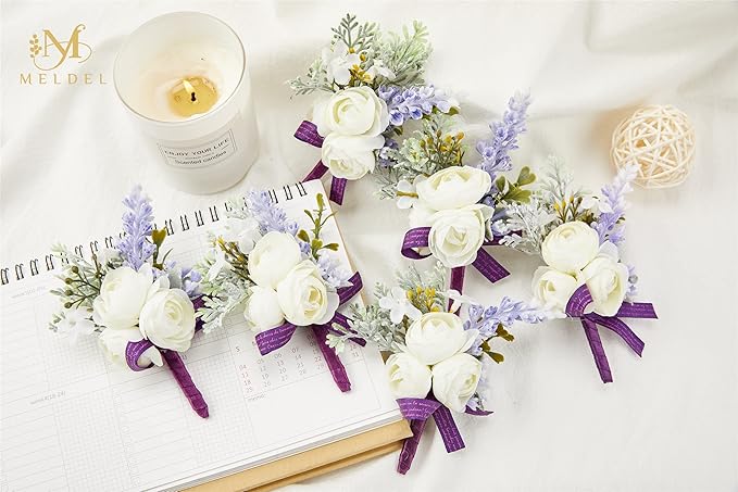 Meldel Purple Boutonniere for Men, Set of 6, Groom and Best Man Boutonniere with Artificial Flower Lavender for Wedding Ceremony Anniversary, Formal Dinner Party, Fall Vintage Rustic Wedding Prom