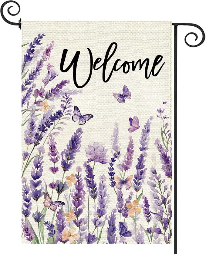 Baccessor Spring Summer Lavender Welcome Garden Flag 12.5 x 18 Inch Double Sided Purple Floral Flower Butterfly Farmhouse Small Burlap Yard Flag Holiday Seasonal Outdoor Outside Decoration