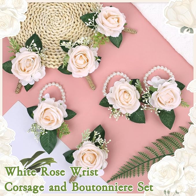 20 Pcs Rose Corsage and Boutonniere Set, Boutonniere for Men and Wristlet Band,Prom Flower Wrist Corsage Bracelet for Wedding Ceremony Accessories Prom Suit Decorations (Champagne)