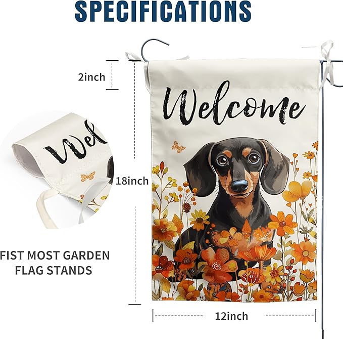 Floral Dachshund Garden Flag Fall Yard Flag Wildflower Dog Garden Flags Orange Autumn Lawn Flags Welcome Thanksgiving Outdoor Flags for Outside 12x18 Double Sided Small
