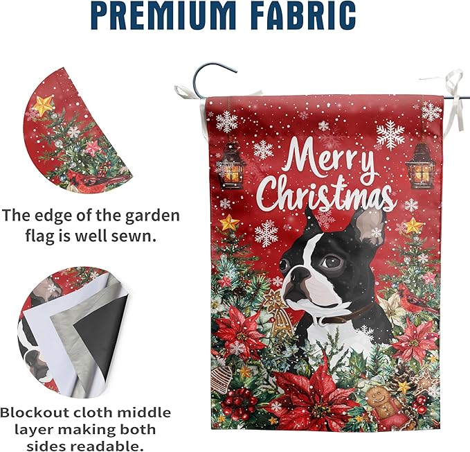Christmas Boston Terrier Garden Flag Merry Christmas Dog Yard Flag for Outside Xmas Flags 12x18 Double Sided Red Poinsettia Garden Flags Winter Porch Decorations Outdoor