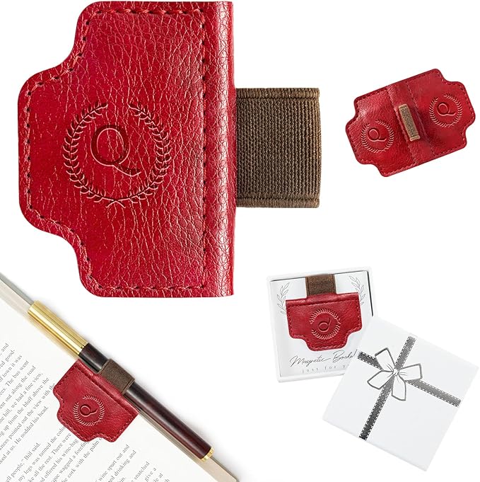 BygoneMark Magnetic Leather Bookmark with Pen Holder, Personalized Custom Initial Page Marker & Pen Clip, Professional Book Accessory for Students (Red-Q)