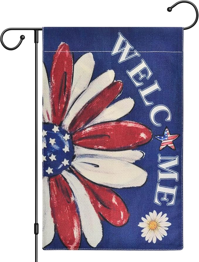 Kevinste 12x18 Inch Double-Sided Welcome Garden Flags for Outdoor Decor, Vivid Color Welcome Daisy, Weather-Resistant Linen, for Front Porch, Yard, or Patio (Blue)