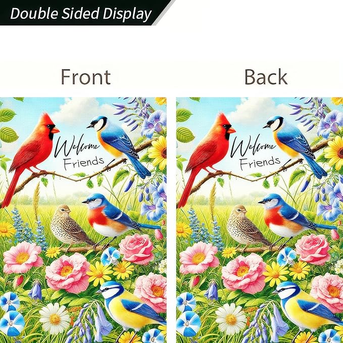 BlissYard Welcome Friends Summer Spring Garden Flag Spring Cardinal Birds Flowers Butterfly Yard Flag Flowers Daisy Hummingbirds Decorative Garden Flag Banner for Outdoor Home Decor Party