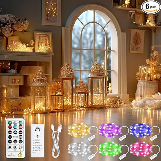 HXWEIYE 6 Pack Rechargeable Fairy Lights Battery Operated with Remote & DIY Timer, 7ft 20LED Mini Twinkle String Light for Mason Jar DIY Wedding Table Centerpieces Party Bedroom Christmas (Multicolor)