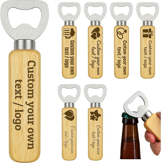 20-100PCS Custom Wood Bottle Openers – Personalized Laser Engraved Logo/Text for Wedding, Bar, Events, Gifts – Bulk Beer Openers with Wooden Handle for Party, Guests, Brewery, Promotions