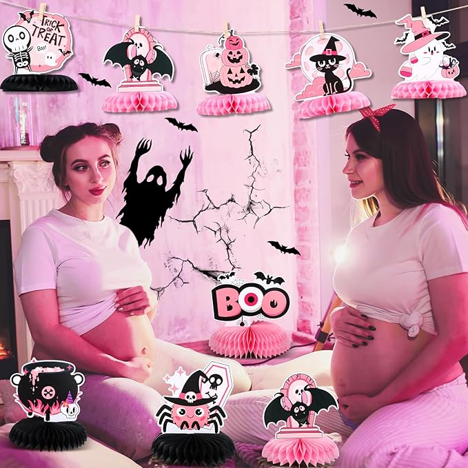 12PCS Halloween Table Decorations Pink Black Halloween Centerpieces for Tables Cute Ghost Honeycomb Centerpiece Summerween Decor for Halloween Party Baby Shower Girls Birthday Supplies