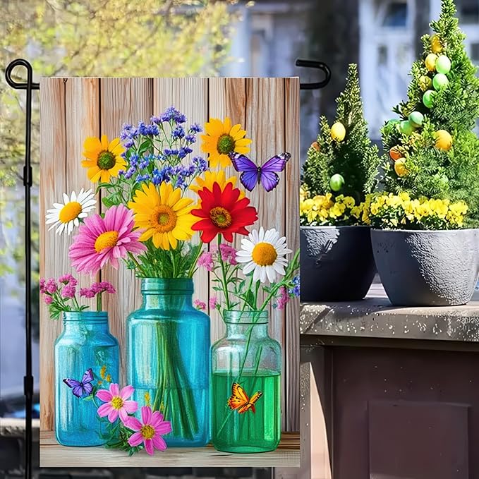 BlissYard Welcome Spring Garden Flag Double Sided 12x18 Inch Spring Summer Garden Flags Wildflowers In Mason jars Spring Garden Flag Seasonal Rustic Yard Lawn Holiday Outdoor Decor Banner（Only Flag）