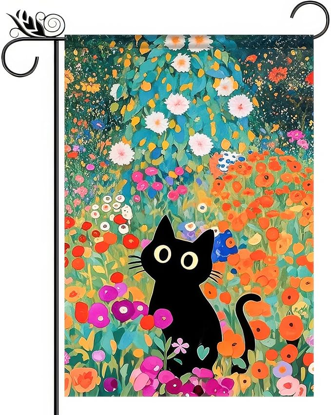 BlissYard Spring Garden Flag 12x18 Inch Double Sided Black Cat Flowers Small Flags For Outside Outdoor Decor Farmhouse Holiday Spring Summer Seasonal Decorations Yard Flags