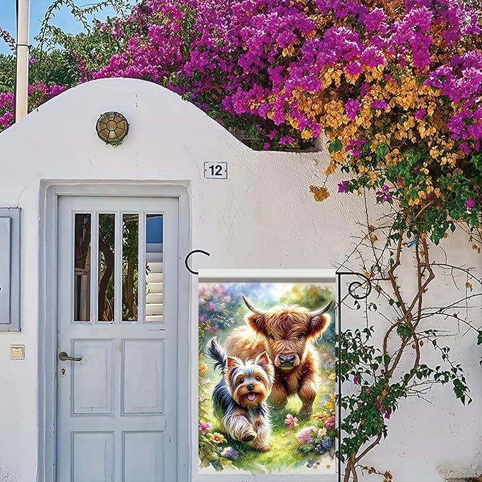 Starlit Patio Welcome Spring Summer Garden Flag 12x18 Inch Double Sided Highland Cow Garden Flag Yorkshire Terrier Yard Flags for Seasonal Outside Outdoor Dog Decoration Farmhouse Decor