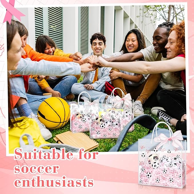 Sweetude 24 Pcs Soccer Clear Treat Bags with Handles Bulk Soccer Goodie Bags Sport Theme Party Gift Favor with Pink Bow Ribbon for Girl Youth Team Snack Birthday Gifts 7.9 x 7.9 Inch
