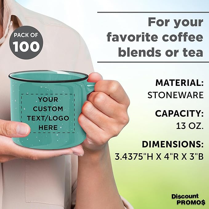 DISCOUNT PROMOS Custom Ceramic Campfire Coffee Mugs 13 oz. Set of 100, Personalized Bulk Pack - Perfect for Tea, Espresso, Cappuccino, Hot Cocoa - Mint