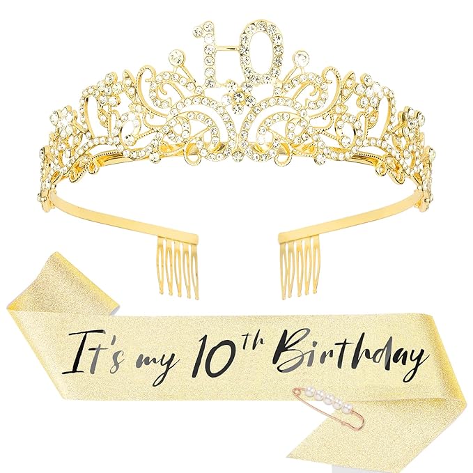 CIEHER Gold 10th Birthday Crown and Sash Set with Pearl Pins, Perfect for Girls' 10th Birthday Celebrations