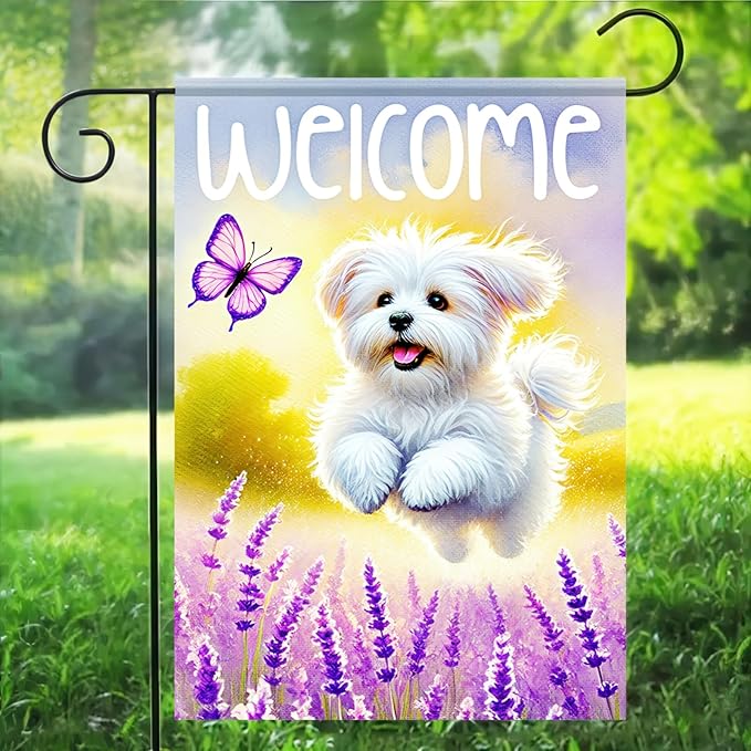 BlissYard Welcome Spring Summer Garden Flag Maltese Dog Floral Welcome Garden Flag 12x18 Inch Double Sided Yard Flags Spring Outdoor Decorative Flags for Lawn Patio Porch