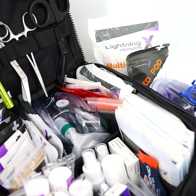 Lightning X Products Lightning X Pre-Stocked EMS/EMT Trauma Kit w/ Large First Responder Bag & 256 Aid Medical Supplies - Black