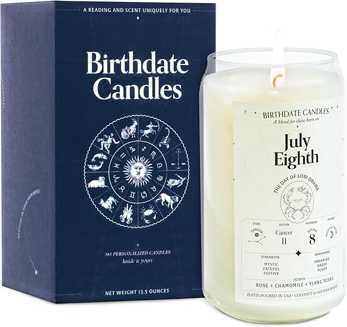 Birthdate Candles, July 8- Cancer Zodiac Scented Candles Birthday Gift - Rose, Chamomile & Ylang Ylang Scent - All-Natural Soy & Coconut Wax, 60-80 Hour Burn Time - Made in USA