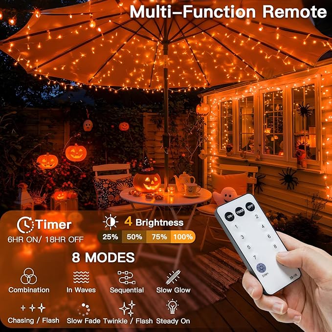 suddus Orange String Lights Outdoor with Remote, 33ft 100 LED Connectable Waterproof Halloween Lights Plug in, Dimmable Clear Wire Fairy Lights for Fall,Thanksgiving, Party, Garden, Porch, Dorm Decor