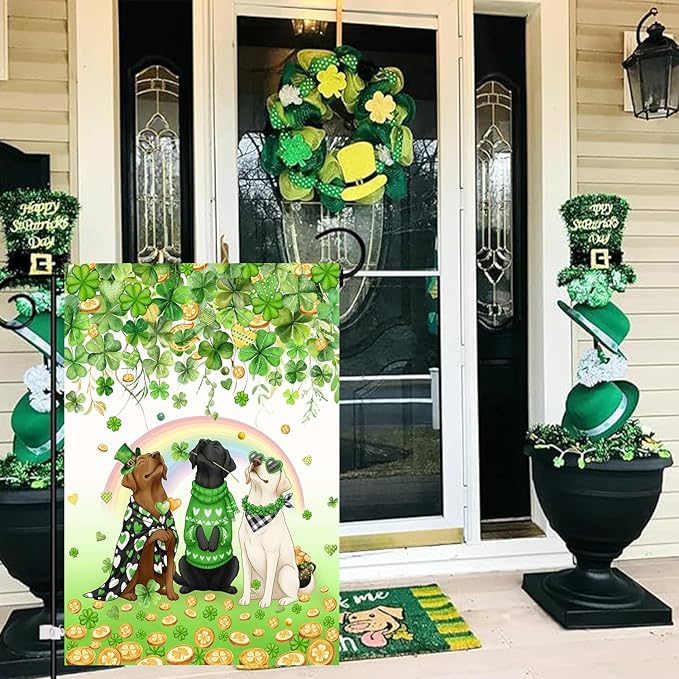 St Patricks Day Dog Garden Flag 12x18 Double Sided Outside White Chocolate Black Lab Yard Signs Labrador Banner for Saint Patrick Spring Outdoor Decorative