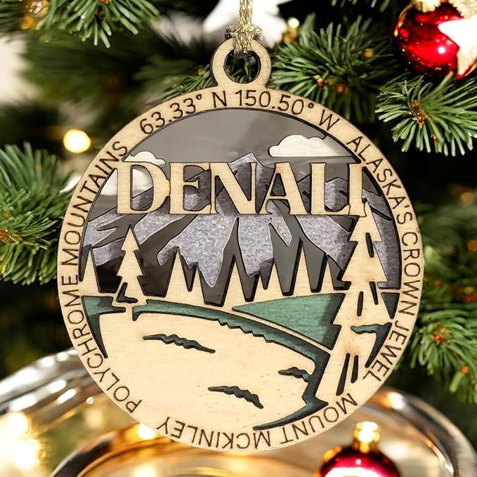Denali National Park 3" Wood Ornament - Alaska's Crown Jewel Christmas Decoration, Handcrafted 2-Layer Laser Cut Design