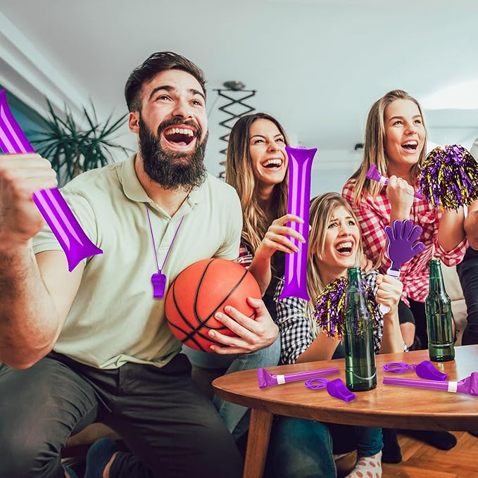 Yunsailing 96 Pcs Homecoming Noisemakers Team Spirit Accessories for Game Day Include Hand Clappers Cheerleading Pom Pom Thunder Stick Cheer Party Blower Plastic Whistle for Sport Fans(Purple)