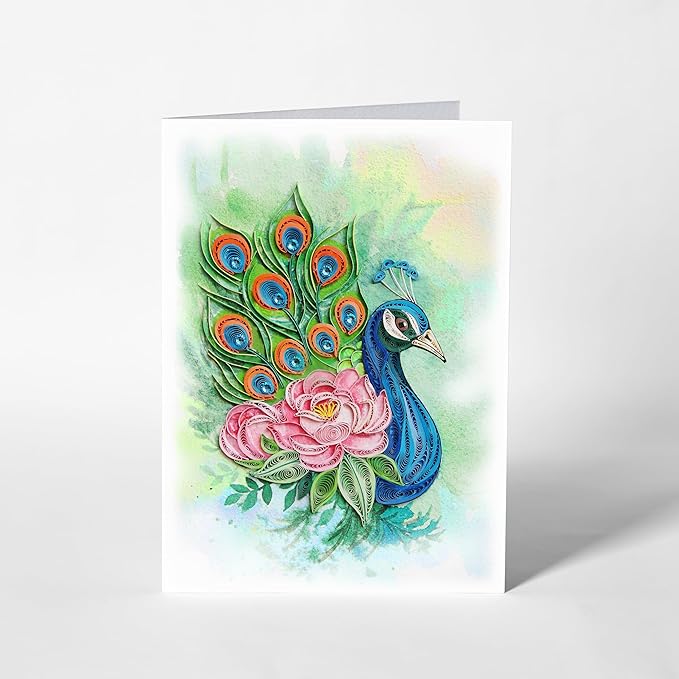 Mother's Day Card, Peony and Peacock Greeting Card, Animal Quilled Quilling, Birth Month Flower Born in November Birthday, Mothers Day Card for Mom Grandma Friend (Peony and Peacock)
