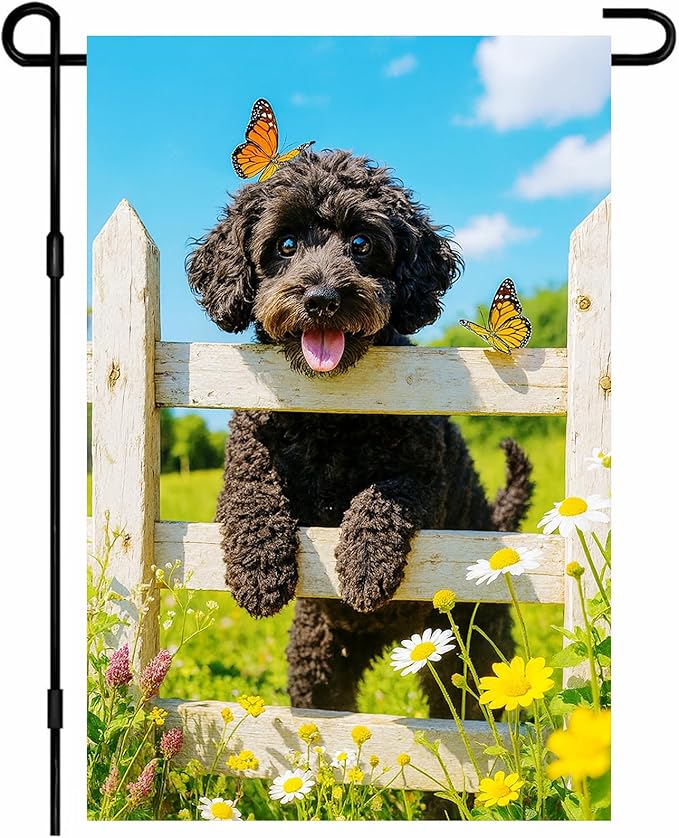 IVN Spring Garden Flag 12x18 Inch Double Sided Curly Brown Dog and Butterfly Scene Outdoor Yard Flag for Outside Front Door Lawn Porch Patio Welcome Decor