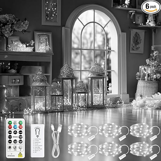HXWEIYE 6 Pack Rechargeable Fairy Lights Battery Operated with Remote & DIY Timer, 7ft 20LED Mini Twinkle String Light for Mason Jar DIY Wedding Table Centerpieces Party Bedroom Christmas (White)