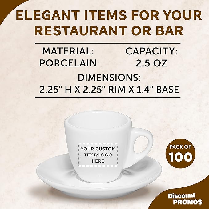 Custom Espresso Cups with Saucer 2.5 oz. Set of 100, Personalized Bulk Pack - Perfect for Coffee, Tea, Espresso, Hot Cocoa, Other Beverages - White