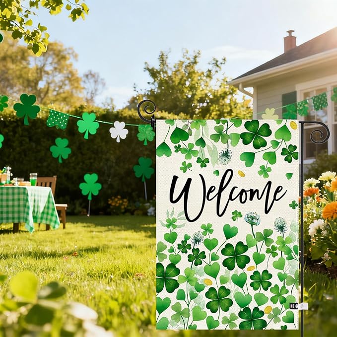 Baccessor St.Patrick's Day Welcome Garden Flag 12.5x18 Inch Double Sided,Green Lucky Shamrock Clover Flag Spring Farmhouse Holiday Yard Lawn Outdoor Outside Decoration