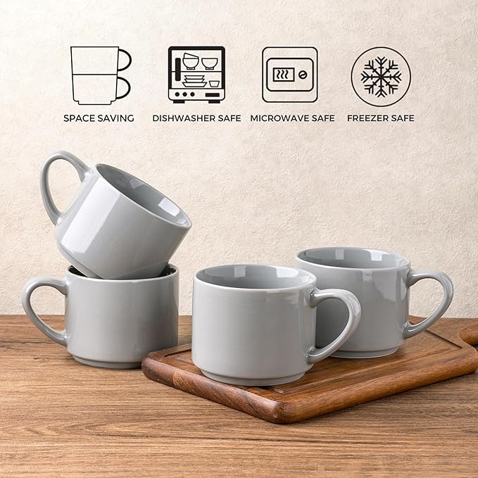GBHOME 14OZ Stackable Ceramic Mugs Set of 6, Modern Coffee Mugs for Hot Drinks, Grey, 14 Fluid Ounces, 6 Count