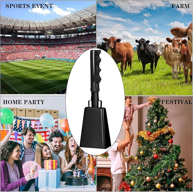 10inch Metal Cowbells with Handle, 1Pcs Cow Bells with Wrist Strap for Sporting Events, Football Games,Party, Concert, Graduations, Farm Ranch, Black