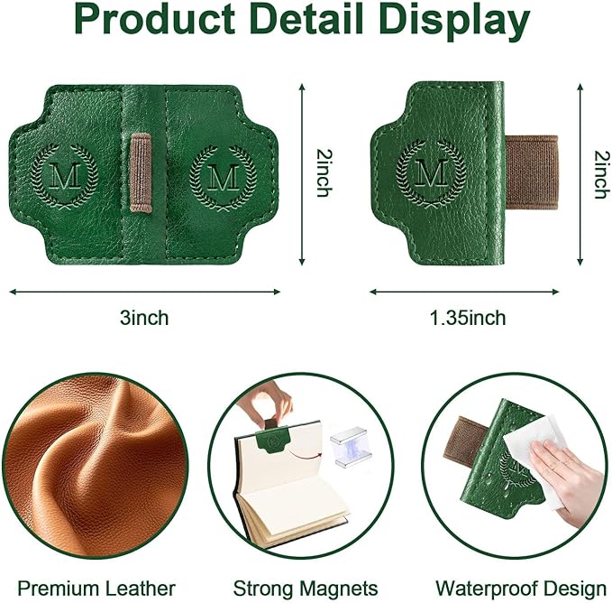 BygoneMark Magnetic Leather Bookmark with Pen Holder, Personalized Custom Initial Page Marker & Pen Clip, Professional Book Accessory for Students (Green-H)