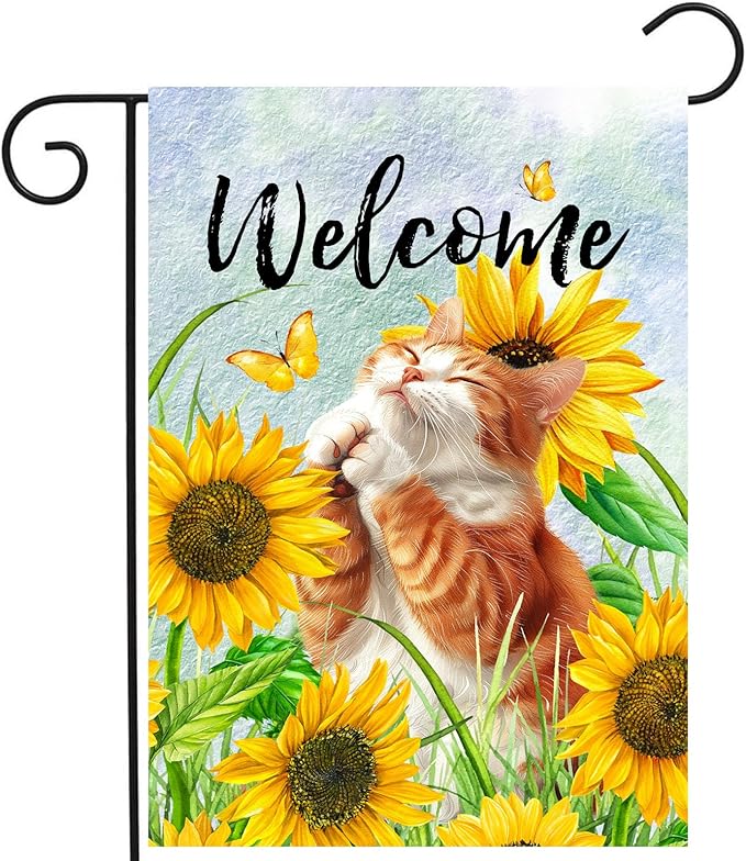 Sunflower Orange Cat Garden Flag Summer Spring Garden Flags for Outside Floral Cat Yard Flag Small Outdoor Welcome Flags 12x18 Double Sided