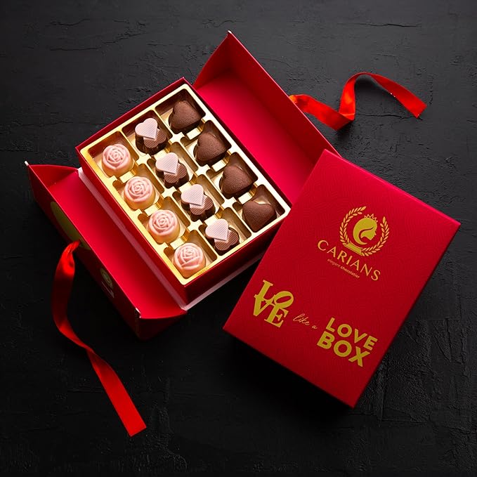 Carian’s Bistro Belgian Chocolate Gift Box of Love, Luxury Milk Chocolates with Strawberry and Hazelnut Cream, Great For Gift Giving, Christmas, Thanksgiving and Anniversary for Lovers, 12 pc.