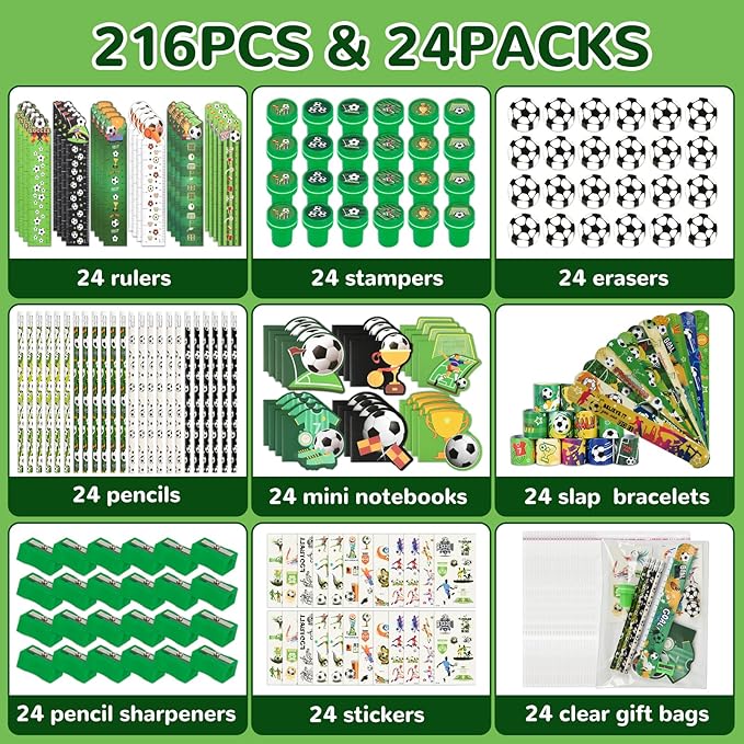 216Pcs Soccer Stationery soccer Theme Gifts Birthday Supplies Team Gift Goodie Bags Stuffer Pencils Rulers Classroom games Rewards School Office Supplies（soccer）
