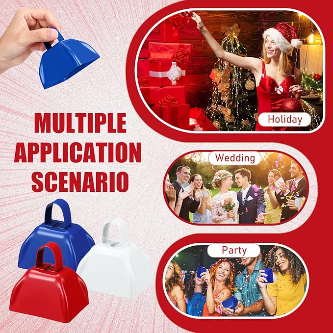 Zhengmy 24 Pcs Metal Cowbell Noisemakers with Handles, Cow Bells Noise Makers for Sporting Events 3 Inch Bulk Cheering for Football Baseball Games Team Wedding Celebrations(Blue, White, Red)