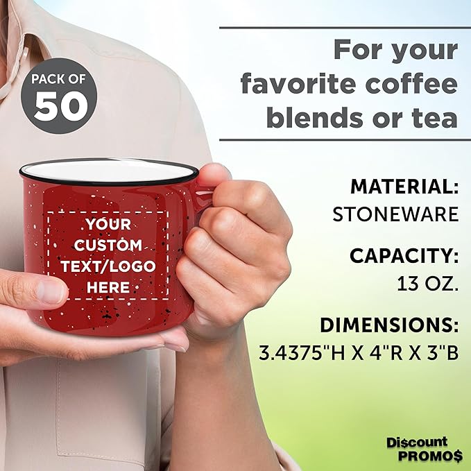 DISCOUNT PROMOS Custom Ceramic Campfire Coffee Mugs 13 oz. Set of 50, Personalized Bulk Pack - Perfect for Tea, Espresso, Cappuccino, Hot Cocoa - Red
