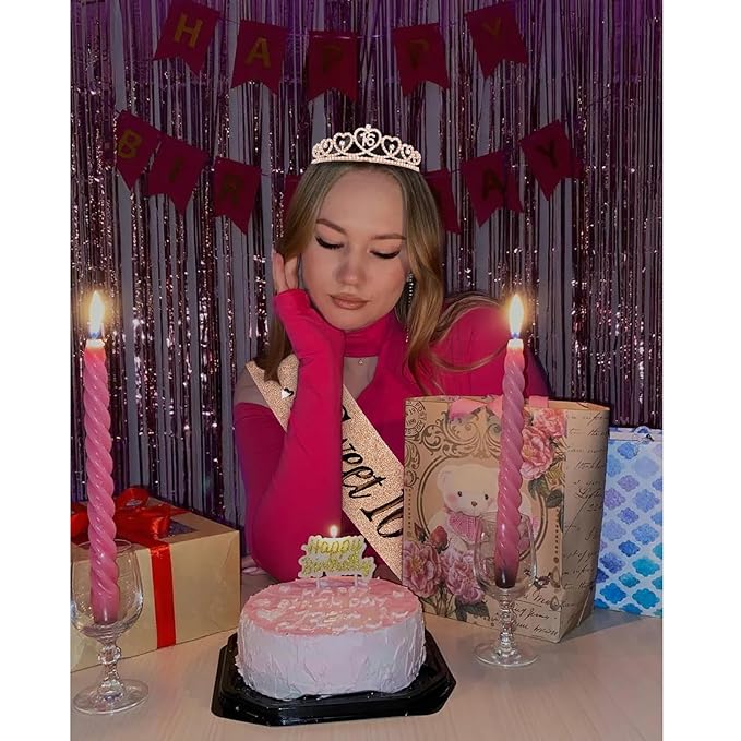 16th Birthday Crown and Sash for Girls Sweet 16 Birthday Decoration 16th Rose Gold Tiara and Sweet 16 Glitter Sash 16th Party Supplies
