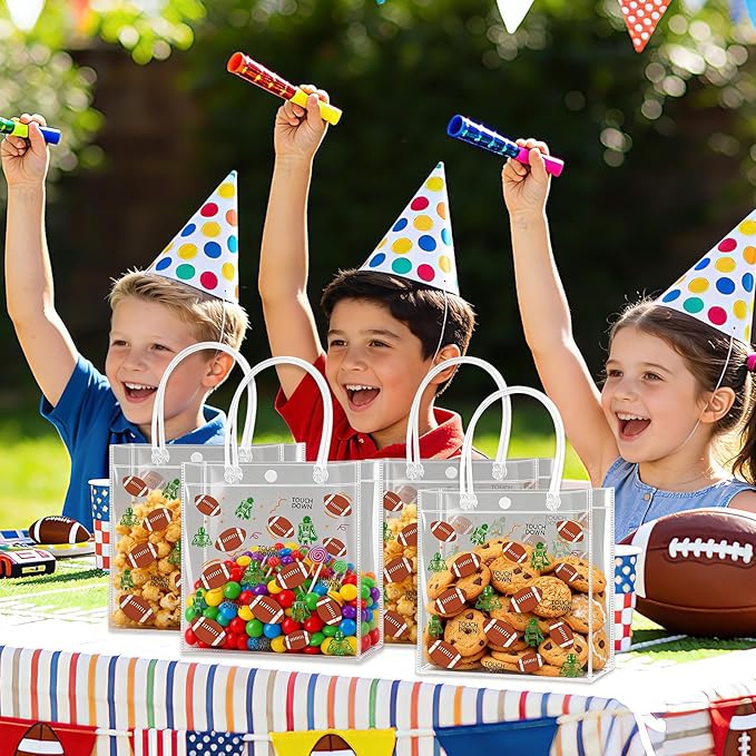 Zenoble 24 PCS Football Goodie Bags Double-Sided PVC Clear Bag Snack Candy Treat Gift Bags with Handle for Super Bowl Party Supplies Football Party Favors Birthday Holiday Decorations