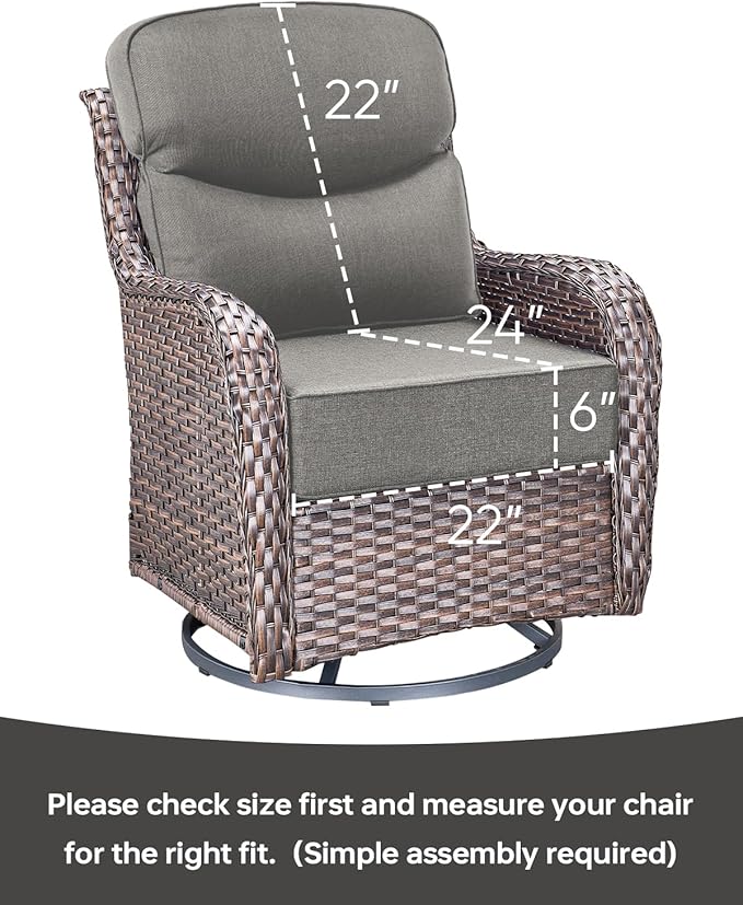 Luxury 22x24/22x25 6-Inch Smile Outdoor Cushions for Patio 5 Piece Set - Set of 5 Zippered Outside Pillows for Wicker Metal Dining Rocking Swivel Chairs Loveseat Couch Sectional Sofa - Grey