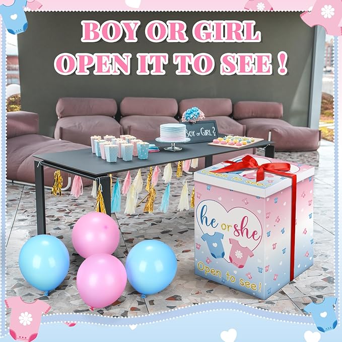 Hungdao Gender Reveal Balloon Box with Ribbon and 10 Pink and Blue Balloons Gender Reveal Games He or She Open to See for Party Decoration 12"x12"x16"(Cloth)