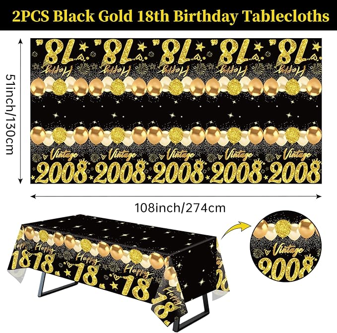 2pcs 18th Birthday Tablecloth, Black Gold 18th Birthday Decorations for Boys Girls Vintage 2008 Table Cloth Plastic Rectangular Table Cover Happy 18 Anniversary Party Supplies