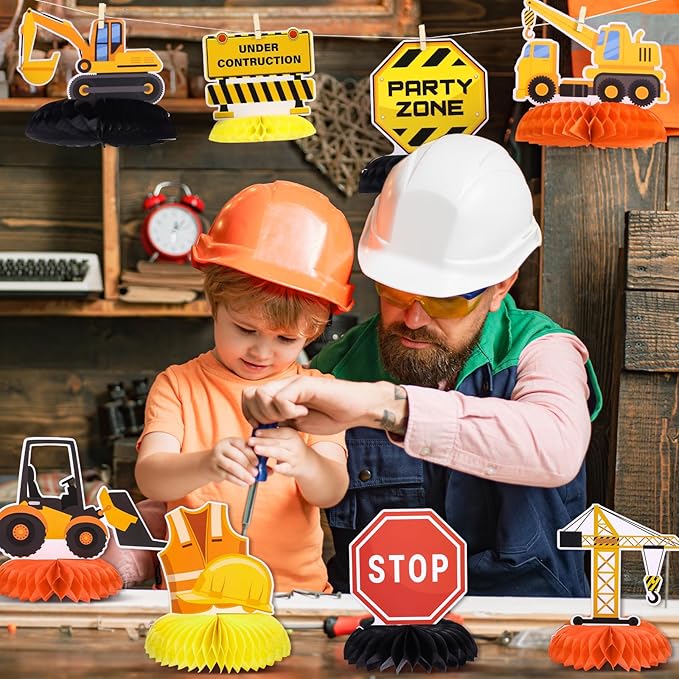 12 Pieces Construction Birthday Party Supplies Construction Table Centerpieces Construction Honeycomb Centerpieces Truck Table Toppers for Construction Theme Birthday Party Decorations
