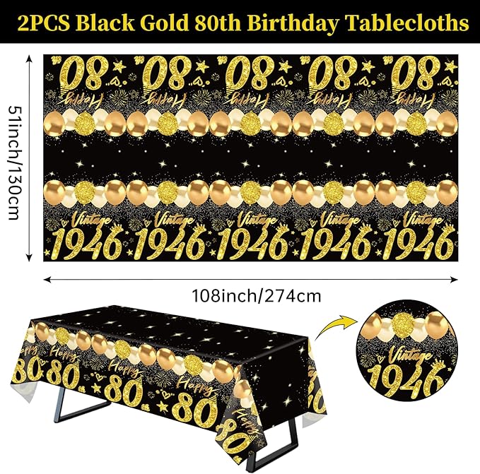 2pcs 80th Birthday Tablecloth, Black Gold 80th Birthday Decorations for Men Women Vintage 1946 Table Cloth Plastic Rectangular Table Cover Happy 80 Anniversary Party Supplies